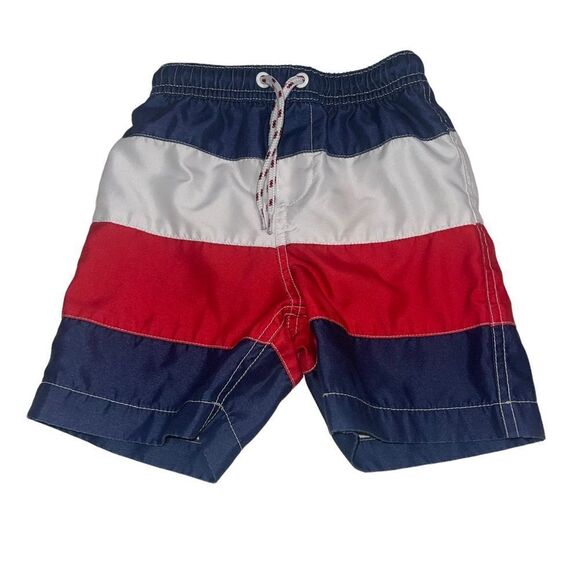 Land’s End Red, White & Blue Wide Stripe Swim Trunks - Boys’ Sz 4T - Picture 1 of 6